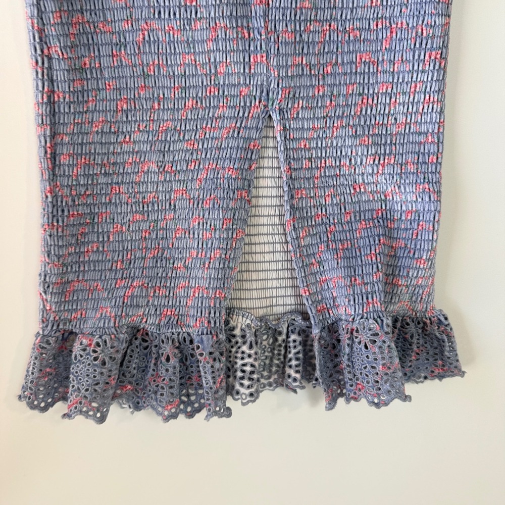 Free People McKenna Velvet Midi Dress Womens XS Blue Pink Floral Smocked Ruffle - Picture 12 of 16